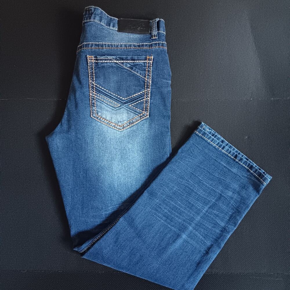 True Luck Mens Jean Straight Dark Wash 34x30 (*34x29) Thick Stitch Embroidered